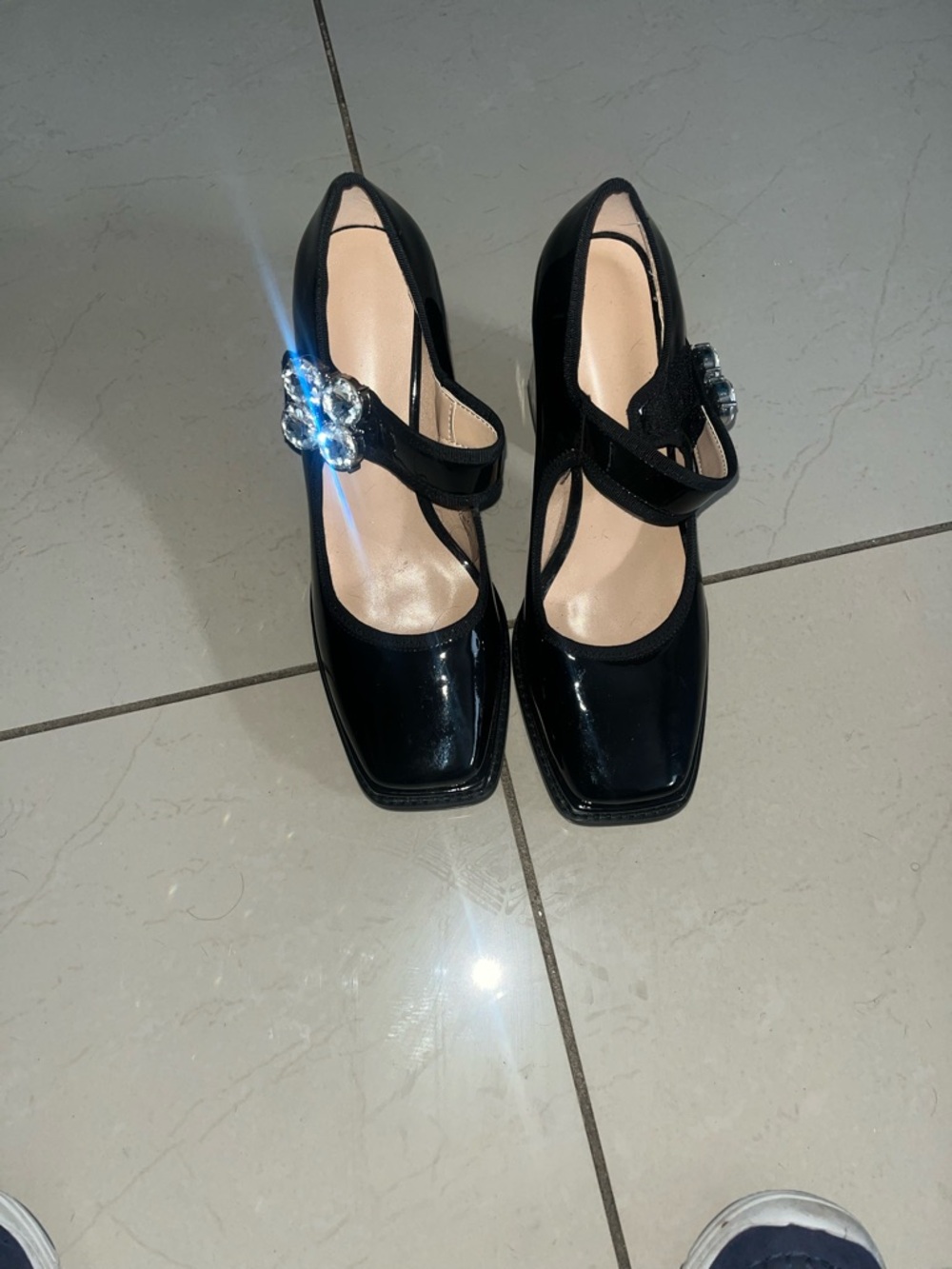 Black Patent Mary Jane Flats with Crystal Buckle